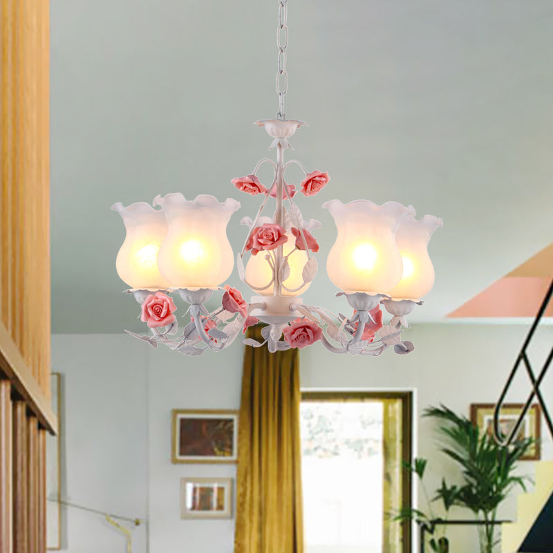 Flower White Glass Chandelier Light Pastoral 5 Bulbs Dining Room Pendant Lighting Fixture in Pink Pink Clearhalo 'Ceiling Lights' 'Chandeliers' 'Glass shade' 'Glass' 'Pendant Lights' Lighting' 519566