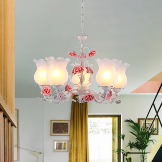 Flower White Glass Chandelier Light Pastoral 5 Bulbs Dining Room Pendant Lighting Fixture in Pink Pink Clearhalo 'Ceiling Lights' 'Chandeliers' 'Glass shade' 'Glass' 'Pendant Lights' Lighting' 519566