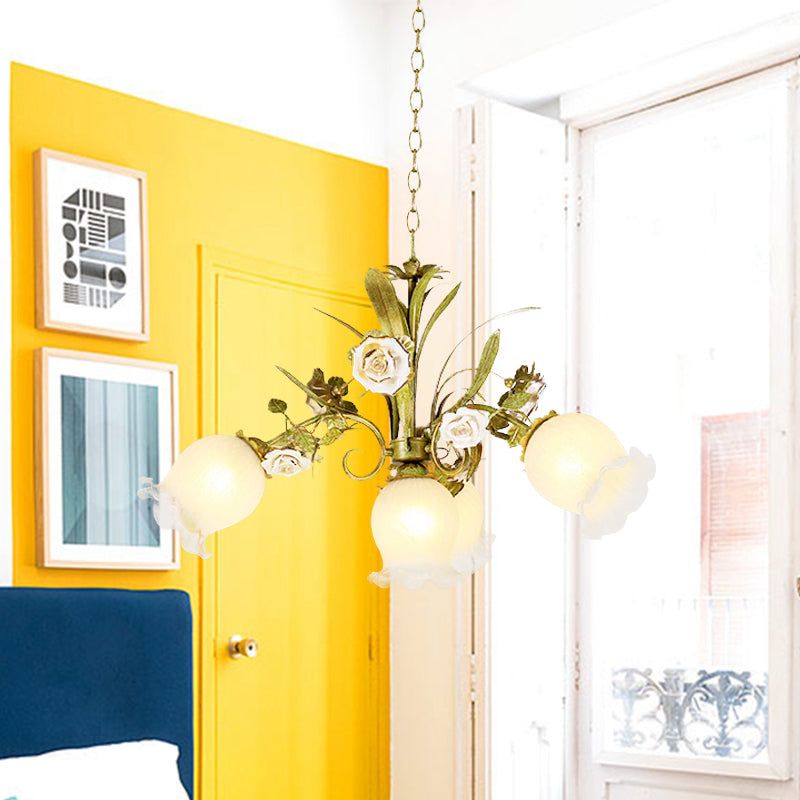 Floral Bedroom Chandelier Light Pastoral Metal 4/7 Heads Green Ceiling Lamp with Rose Decoration Clearhalo 'Ceiling Lights' 'Chandeliers' Lighting' options 519586