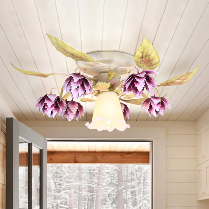 1/4 Bulbs Flared Ceiling Light Pastoral White Metal Flower Semi Flush Mount Lighting for Dining Room 1 White Clearhalo 'Ceiling Lights' 'Close To Ceiling Lights' 'Close to ceiling' 'Semi-flushmount' Lighting' 519594