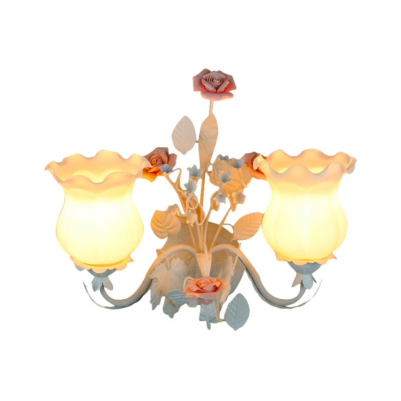 Curvy Arm Bedroom Sconce Light Pastoral Metal 2 Heads Yellow/Pink/Blue Flower Wall Lighting Fixture Clearhalo 'Wall Lamps & Sconces' 'Wall Lights' Lighting' 519623