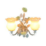 Curvy Arm Bedroom Sconce Light Pastoral Metal 2 Heads Yellow/Pink/Blue Flower Wall Lighting Fixture Clearhalo 'Wall Lamps & Sconces' 'Wall Lights' Lighting' 519628