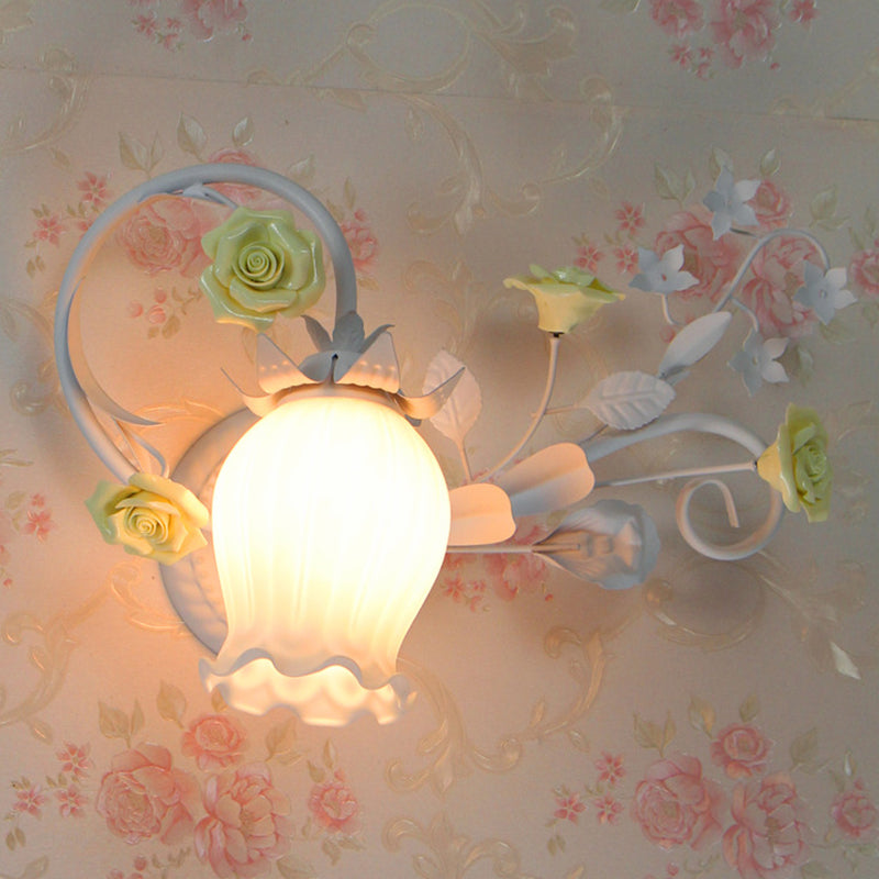 Metal Floral Wall Lamp Sconce Pastoral 1-Light Living Room Wall Light Fixture in Yellow/Pink/Blue Clearhalo 'Wall Lamps & Sconces' 'Wall Lights' Lighting' 519639