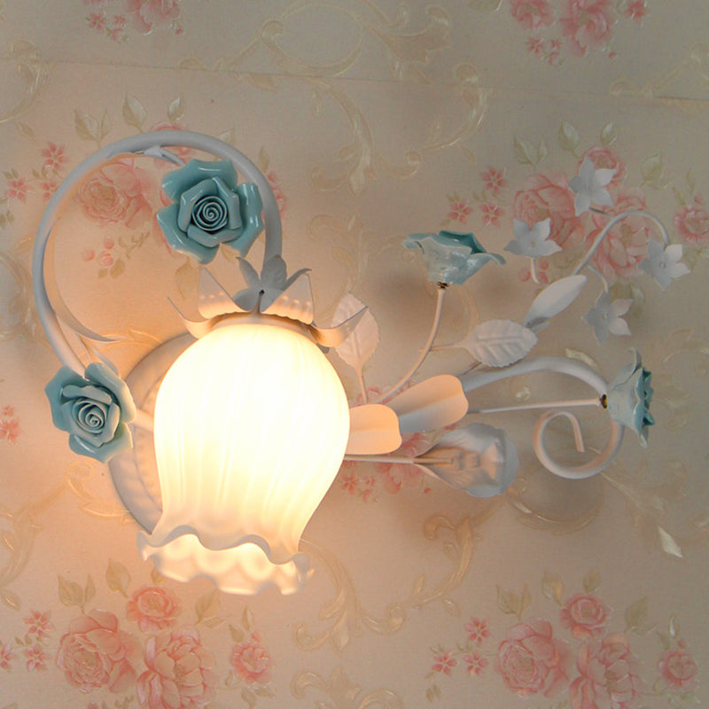 Metal Floral Wall Lamp Sconce Pastoral 1-Light Living Room Wall Light Fixture in Yellow/Pink/Blue Blue Clearhalo 'Wall Lamps & Sconces' 'Wall Lights' Lighting' 519643