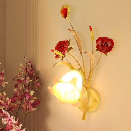 Pastoral Rose Wall Light Sconce 1/2 Bulbs Metal Wall Lamp Fixture in White for Bedroom 1.0 White Clearhalo 'Wall Lamps & Sconces' 'Wall Lights' Lighting' 519741