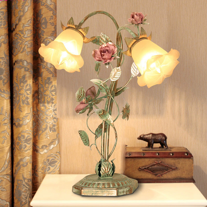 Flared Bedroom Night Table Light Pastoral Metal 1/2 Lights Green Nightstand Lamp with Flower Decoration Clearhalo 'Lamps' 'Table Lamps' Lighting' 519784