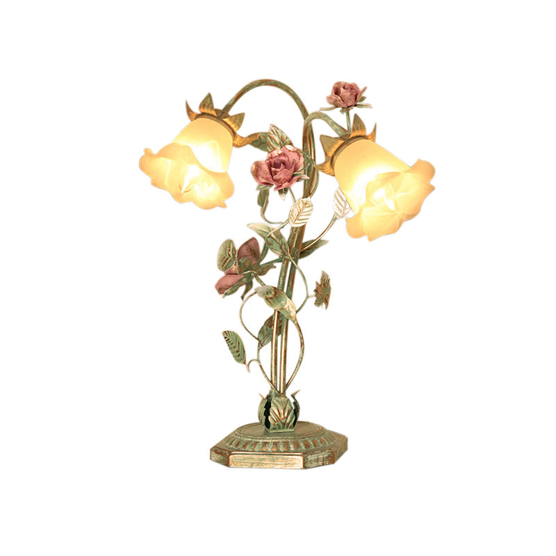Flared Bedroom Night Table Light Pastoral Metal 1/2 Lights Green Nightstand Lamp with Flower Decoration Clearhalo 'Lamps' 'Table Lamps' Lighting' 519786