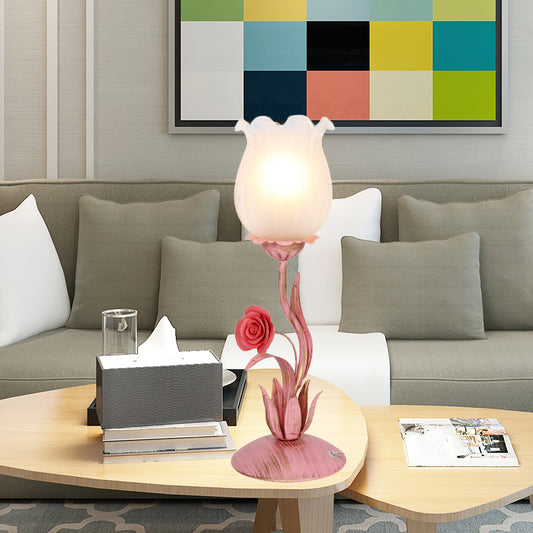 1 Bulb Blossom Table Lighting Romantic Pastoral Blue/Pink Metal Nightstand Lamp for Living Room Pink Clearhalo 'Lamps' 'Table Lamps' Lighting' 519817