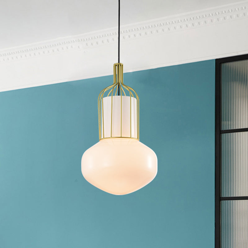 Gold Schoolhouse Pendant Light Fixture Modernist 1 Bulb White Glass Ceiling Lamp with Cage Clearhalo 'Ceiling Lights' 'Glass shade' 'Glass' 'Modern Pendants' 'Modern' 'Pendant Lights' 'Pendants' Lighting' 519947