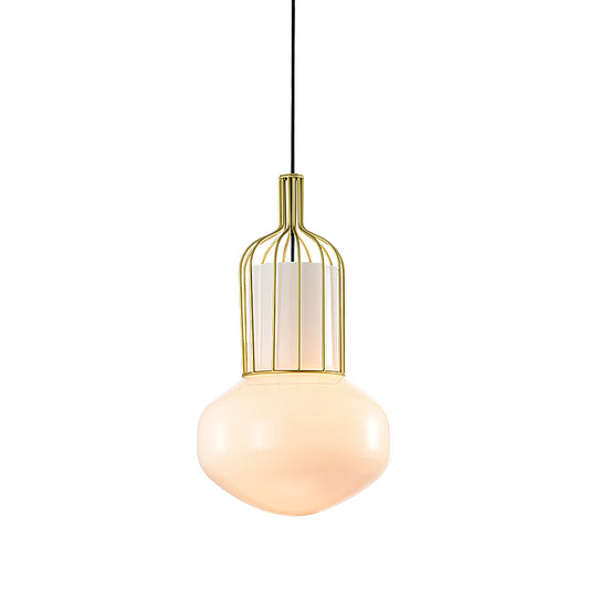 Gold Schoolhouse Pendant Light Fixture Modernist 1 Bulb White Glass Ceiling Lamp with Cage Clearhalo 'Ceiling Lights' 'Glass shade' 'Glass' 'Modern Pendants' 'Modern' 'Pendant Lights' 'Pendants' Lighting' 519948