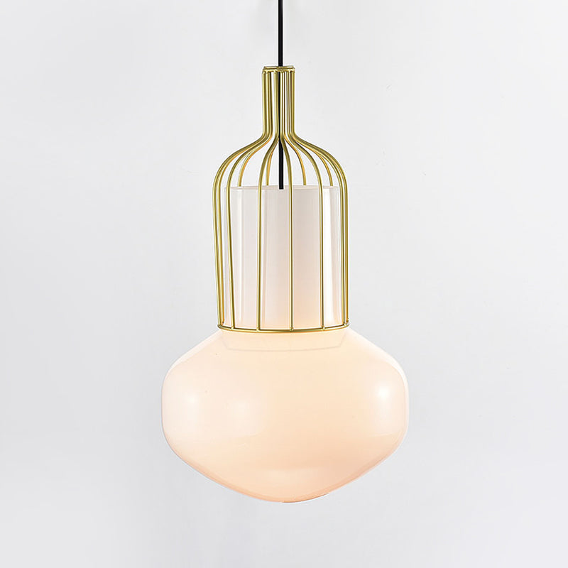 Gold Schoolhouse Pendant Light Fixture Modernist 1 Bulb White Glass Ceiling Lamp with Cage Clearhalo 'Ceiling Lights' 'Glass shade' 'Glass' 'Modern Pendants' 'Modern' 'Pendant Lights' 'Pendants' Lighting' 519949