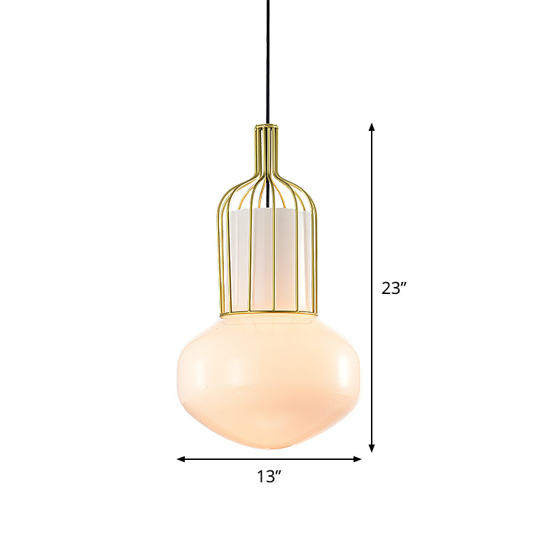 Gold Schoolhouse Pendant Light Fixture Modernist 1 Bulb White Glass Ceiling Lamp with Cage Clearhalo 'Ceiling Lights' 'Glass shade' 'Glass' 'Modern Pendants' 'Modern' 'Pendant Lights' 'Pendants' Lighting' 519950
