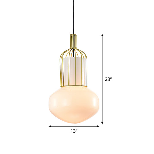 Gold Schoolhouse Pendant Light Fixture Modernist 1 Bulb White Glass Ceiling Lamp with Cage Clearhalo 'Ceiling Lights' 'Glass shade' 'Glass' 'Modern Pendants' 'Modern' 'Pendant Lights' 'Pendants' Lighting' 519950
