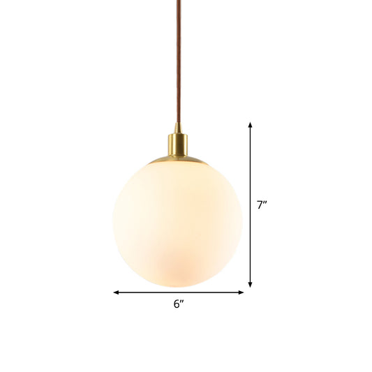 Frosted White Glass Ball Pendant Lighting Simple 1-Light 6"/8"/10" Wide Brass Suspension Ceiling Lamp Clearhalo 'Ceiling Lights' 'Glass shade' 'Glass' 'Modern Pendants' 'Modern' 'Pendant Lights' 'Pendants' Lighting' 519960