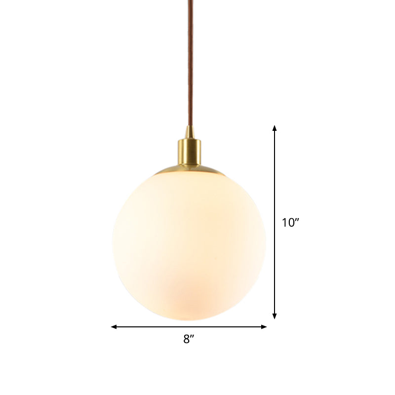 Frosted White Glass Ball Pendant Lighting Simple 1-Light 6"/8"/10" Wide Brass Suspension Ceiling Lamp Clearhalo 'Ceiling Lights' 'Glass shade' 'Glass' 'Modern Pendants' 'Modern' 'Pendant Lights' 'Pendants' Lighting' 519961