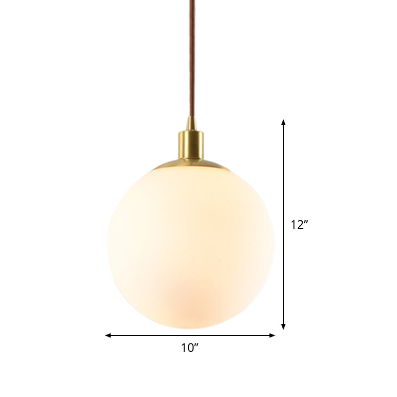 Frosted White Glass Ball Pendant Lighting Simple 1-Light 6"/8"/10" Wide Brass Suspension Ceiling Lamp Clearhalo 'Ceiling Lights' 'Glass shade' 'Glass' 'Modern Pendants' 'Modern' 'Pendant Lights' 'Pendants' Lighting' 519962