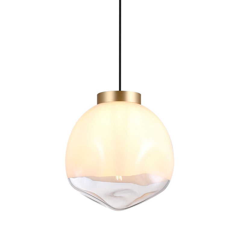 Modern Globe Hanging Lamp White and Clear Dimpled Glass 1-Head Bedside Pendant Ceiling Light in Brass Clearhalo 'Ceiling Lights' 'Glass shade' 'Glass' 'Modern Pendants' 'Modern' 'Pendant Lights' 'Pendants' Lighting' 519975