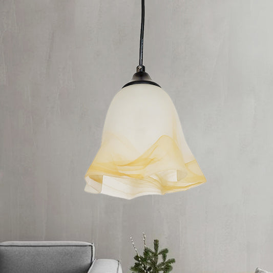Contemporary 1-Light Down Light with White Frosted Glass Shade Black Floral Ceiling Hang Fixture Clearhalo 'Ceiling Lights' 'Glass shade' 'Glass' 'Modern Pendants' 'Modern' 'Pendant Lights' 'Pendants' Lighting' 519992