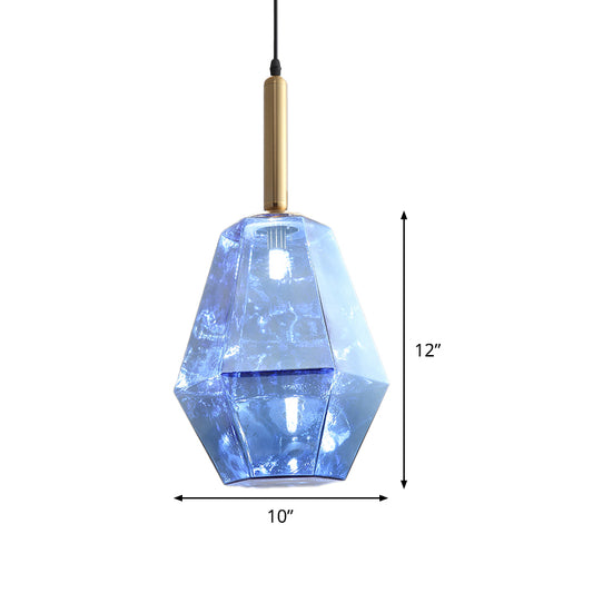 Diamond Blue Glass Hanging Light Kit Contemporary 1 Light Brass LED Pendant Light Fixture Clearhalo 'Ceiling Lights' 'Glass shade' 'Glass' 'Modern Pendants' 'Modern' 'Pendant Lights' 'Pendants' Lighting' 520014