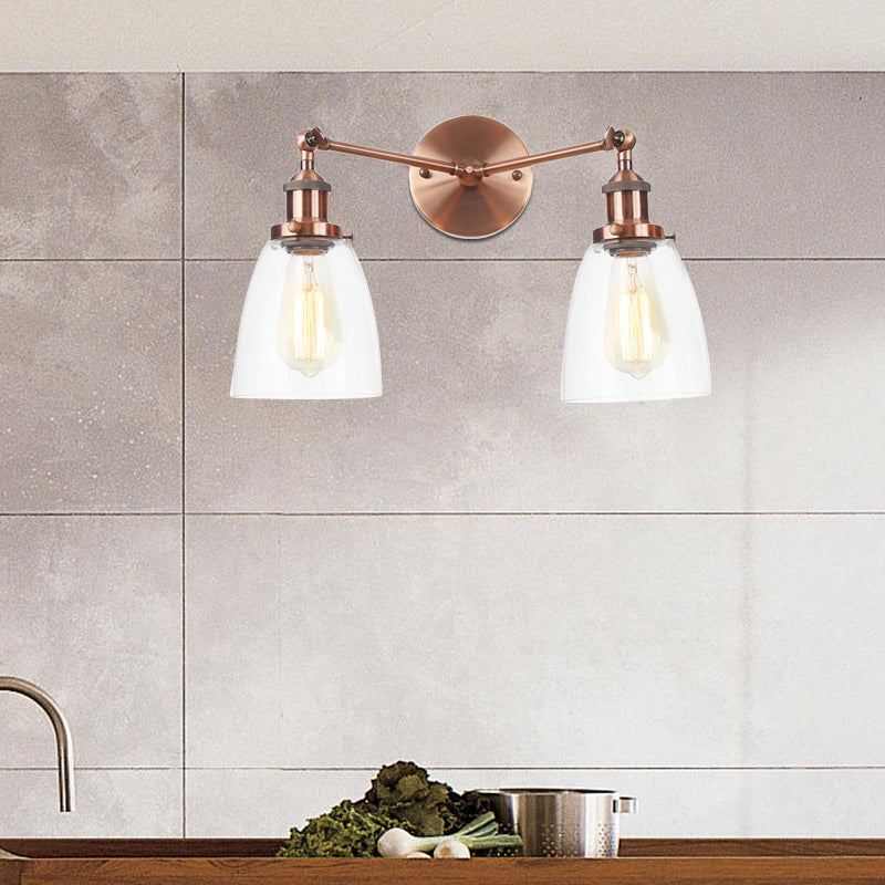 Tapered Clear Glass Wall Lamp Industrial 2 Lights Indoor Sconce Lighting Fixture in Black/Bronze/Brass Clearhalo 'Art deco wall lights' 'Cast Iron' 'Glass' 'Industrial wall lights' 'Industrial' 'Middle century wall lights' 'Modern' 'Rustic wall lights' 'Tiffany' 'Traditional wall lights' 'Wall Lamps & Sconces' 'Wall Lights' Lighting' 520020