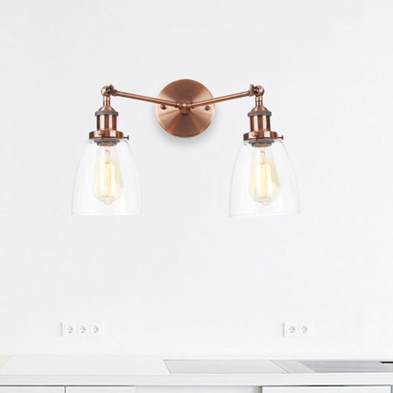 Tapered Clear Glass Wall Lamp Industrial 2 Lights Indoor Sconce Lighting Fixture in Black/Bronze/Brass Clearhalo 'Art deco wall lights' 'Cast Iron' 'Glass' 'Industrial wall lights' 'Industrial' 'Middle century wall lights' 'Modern' 'Rustic wall lights' 'Tiffany' 'Traditional wall lights' 'Wall Lamps & Sconces' 'Wall Lights' Lighting' 520021