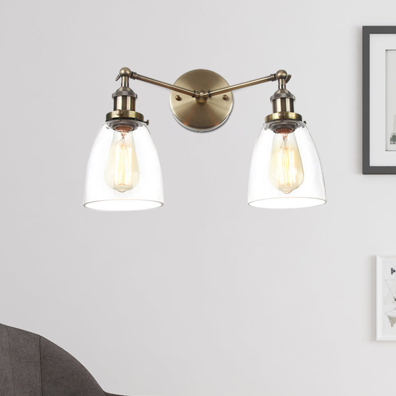 Tapered Clear Glass Wall Lamp Industrial 2 Lights Indoor Sconce Lighting Fixture in Black/Bronze/Brass Bronze Clearhalo 'Art deco wall lights' 'Cast Iron' 'Glass' 'Industrial wall lights' 'Industrial' 'Middle century wall lights' 'Modern' 'Rustic wall lights' 'Tiffany' 'Traditional wall lights' 'Wall Lamps & Sconces' 'Wall Lights' Lighting' 520026