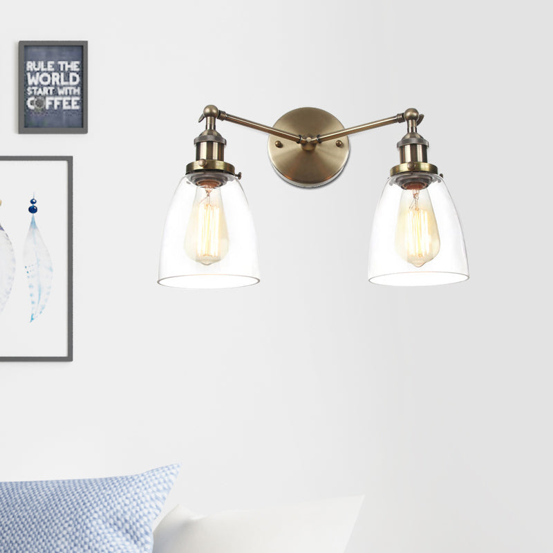 Tapered Clear Glass Wall Lamp Industrial 2 Lights Indoor Sconce Lighting Fixture in Black/Bronze/Brass Clearhalo 'Art deco wall lights' 'Cast Iron' 'Glass' 'Industrial wall lights' 'Industrial' 'Middle century wall lights' 'Modern' 'Rustic wall lights' 'Tiffany' 'Traditional wall lights' 'Wall Lamps & Sconces' 'Wall Lights' Lighting' 520027