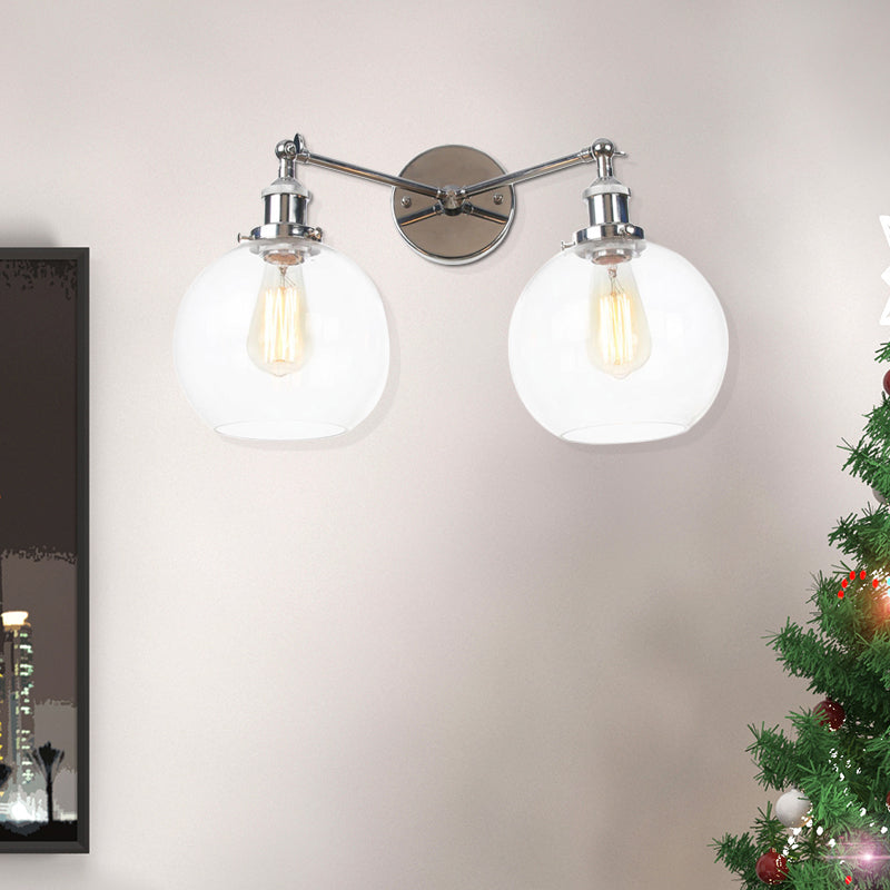 Black/Chrome/Copper 2 Lights Wall Mount Light Farmhouse Globe Sconce Lighting Fixture for Living Room Chrome Clearhalo 'Art deco wall lights' 'Cast Iron' 'Glass' 'Industrial wall lights' 'Industrial' 'Middle century wall lights' 'Modern' 'Rustic wall lights' 'Tiffany' 'Traditional wall lights' 'Wall Lamps & Sconces' 'Wall Lights' Lighting' 520032