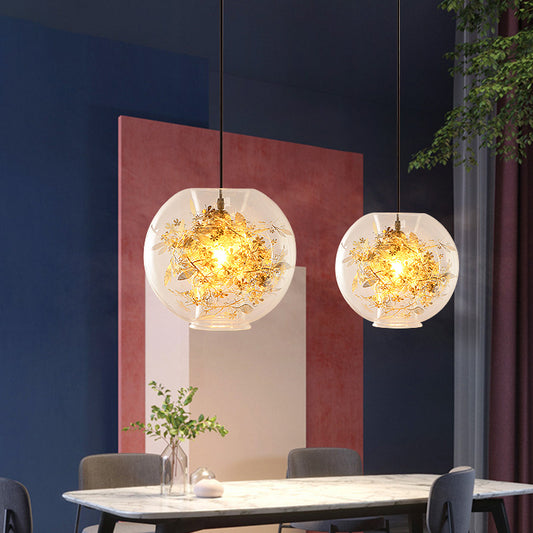 Sphere Pendant Lighting Modern Clear Glass 1 Head Gold Suspension Lamp with Inner Shattered Leaves Detail Gold Clearhalo 'Ceiling Lights' 'Glass shade' 'Glass' 'Modern Pendants' 'Modern' 'Pendant Lights' 'Pendants' Lighting' 520043