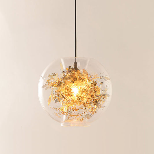 Sphere Pendant Lighting Modern Clear Glass 1 Head Gold Suspension Lamp with Inner Shattered Leaves Detail Clearhalo 'Ceiling Lights' 'Glass shade' 'Glass' 'Modern Pendants' 'Modern' 'Pendant Lights' 'Pendants' Lighting' 520046