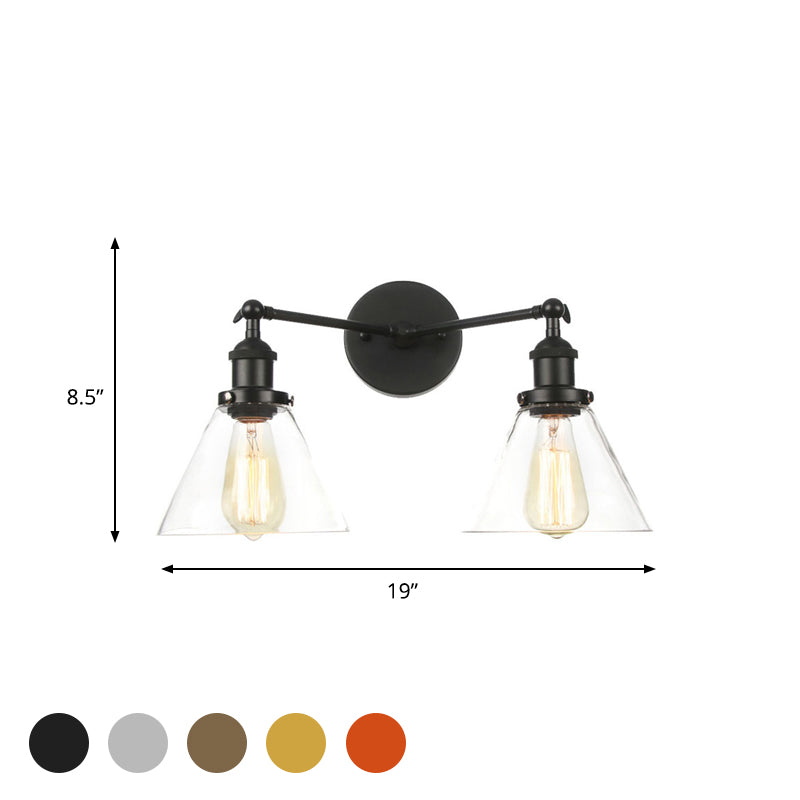 Clear Glass Conical Wall Mount Light Vintage 2 Lights Living Room Sconce Fixture in Black/Brass/Bronze Clearhalo 'Art deco wall lights' 'Cast Iron' 'Glass' 'Industrial wall lights' 'Industrial' 'Middle century wall lights' 'Modern' 'Rustic wall lights' 'Tiffany' 'Traditional wall lights' 'Wall Lamps & Sconces' 'Wall Lights' Lighting' 520056