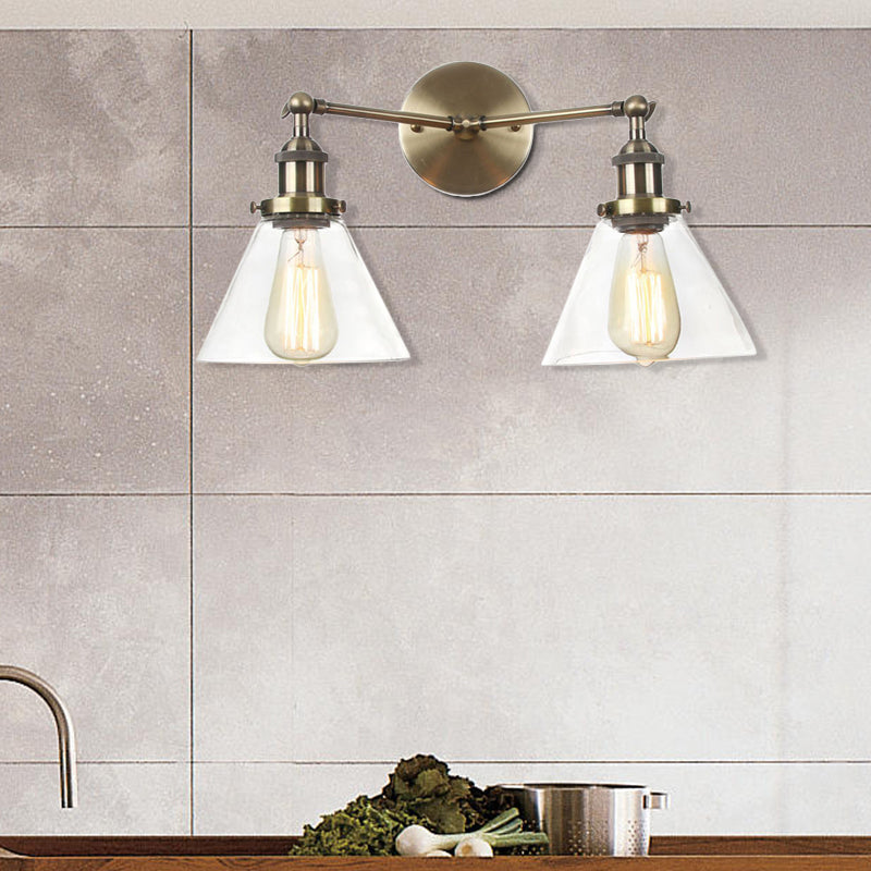 Clear Glass Conical Wall Mount Light Vintage 2 Lights Living Room Sconce Fixture in Black/Brass/Bronze Clearhalo 'Art deco wall lights' 'Cast Iron' 'Glass' 'Industrial wall lights' 'Industrial' 'Middle century wall lights' 'Modern' 'Rustic wall lights' 'Tiffany' 'Traditional wall lights' 'Wall Lamps & Sconces' 'Wall Lights' Lighting' 520062
