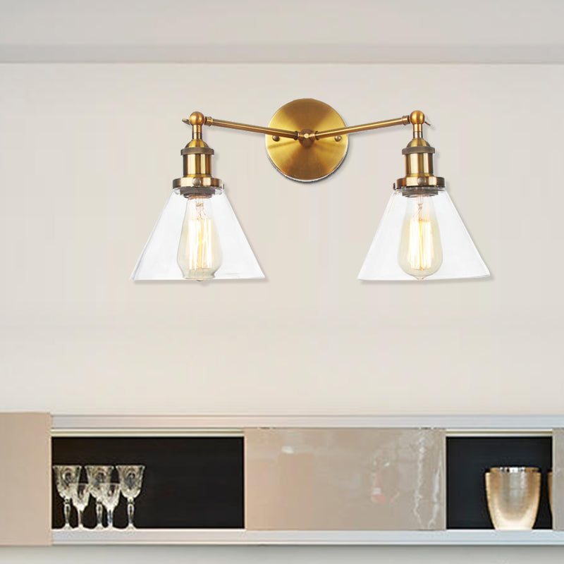 Clear Glass Conical Wall Mount Light Vintage 2 Lights Living Room Sconce Fixture in Black/Brass/Bronze Brass Clearhalo 'Art deco wall lights' 'Cast Iron' 'Glass' 'Industrial wall lights' 'Industrial' 'Middle century wall lights' 'Modern' 'Rustic wall lights' 'Tiffany' 'Traditional wall lights' 'Wall Lamps & Sconces' 'Wall Lights' Lighting' 520063