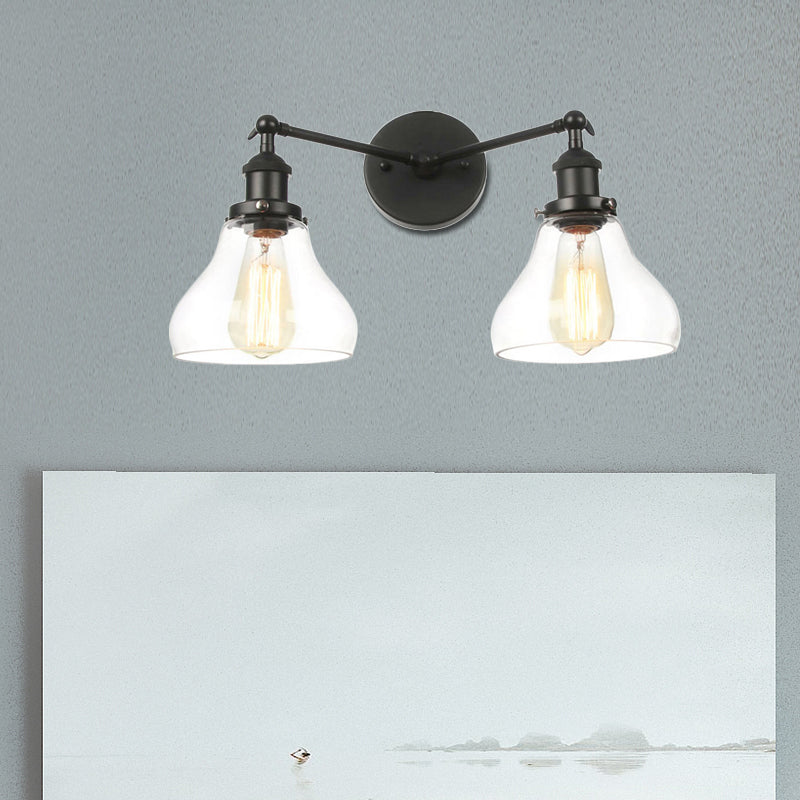 Clear Glass Black/Brass/Bronze Wall Lighting Pear Shaped 2 Lights Industrial Style Sconce Lamp Clearhalo 'Art deco wall lights' 'Cast Iron' 'Glass' 'Industrial wall lights' 'Industrial' 'Middle century wall lights' 'Modern' 'Rustic wall lights' 'Tiffany' 'Traditional wall lights' 'Wall Lamps & Sconces' 'Wall Lights' Lighting' 520071