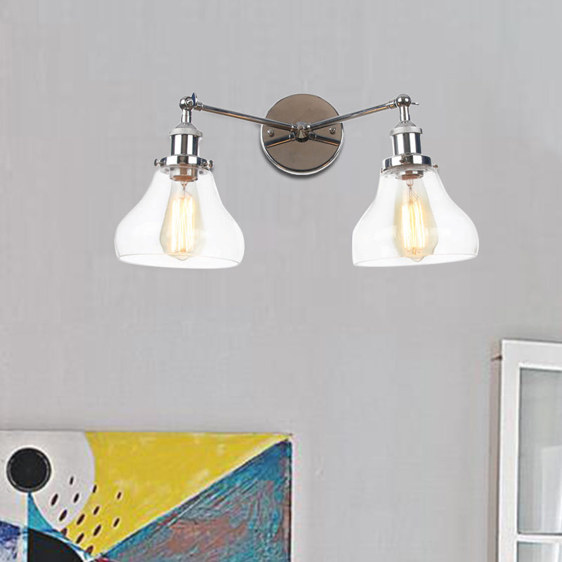 Clear Glass Black/Brass/Bronze Wall Lighting Pear Shaped 2 Lights Industrial Style Sconce Lamp Chrome Clearhalo 'Art deco wall lights' 'Cast Iron' 'Glass' 'Industrial wall lights' 'Industrial' 'Middle century wall lights' 'Modern' 'Rustic wall lights' 'Tiffany' 'Traditional wall lights' 'Wall Lamps & Sconces' 'Wall Lights' Lighting' 520073