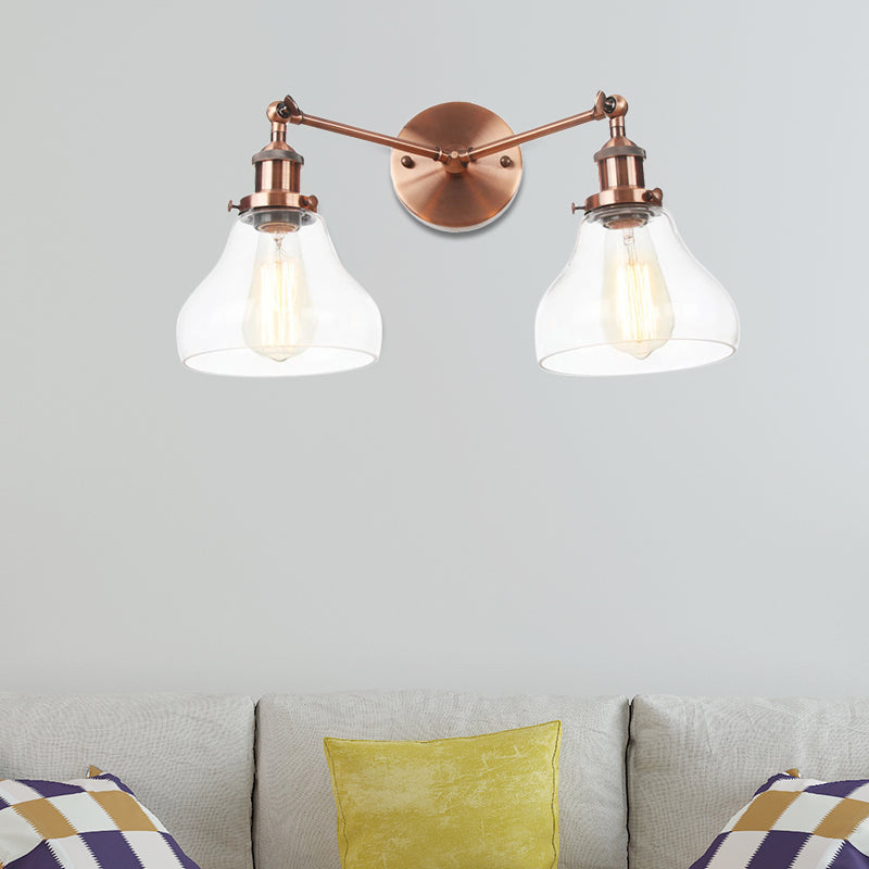 Clear Glass Black/Brass/Bronze Wall Lighting Pear Shaped 2 Lights Industrial Style Sconce Lamp Clearhalo 'Art deco wall lights' 'Cast Iron' 'Glass' 'Industrial wall lights' 'Industrial' 'Middle century wall lights' 'Modern' 'Rustic wall lights' 'Tiffany' 'Traditional wall lights' 'Wall Lamps & Sconces' 'Wall Lights' Lighting' 520078