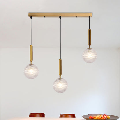 Modern Modo Hanging Light Clear Lattice Glass 3-Head Dining Room Cluster Pendant Lamp in Brass, 6"/8" Wide Brass 6" Clearhalo 'Ceiling Lights' 'Glass shade' 'Glass' 'Modern Pendants' 'Modern' 'Pendant Lights' 'Pendants' Lighting' 520091