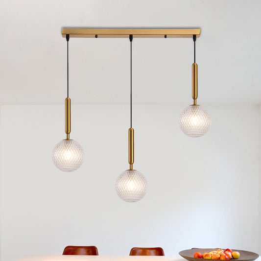 Modern Modo Hanging Light Clear Lattice Glass 3-Head Dining Room Cluster Pendant Lamp in Brass, 6"/8" Wide Brass 6" Clearhalo 'Ceiling Lights' 'Glass shade' 'Glass' 'Modern Pendants' 'Modern' 'Pendant Lights' 'Pendants' Lighting' 520091