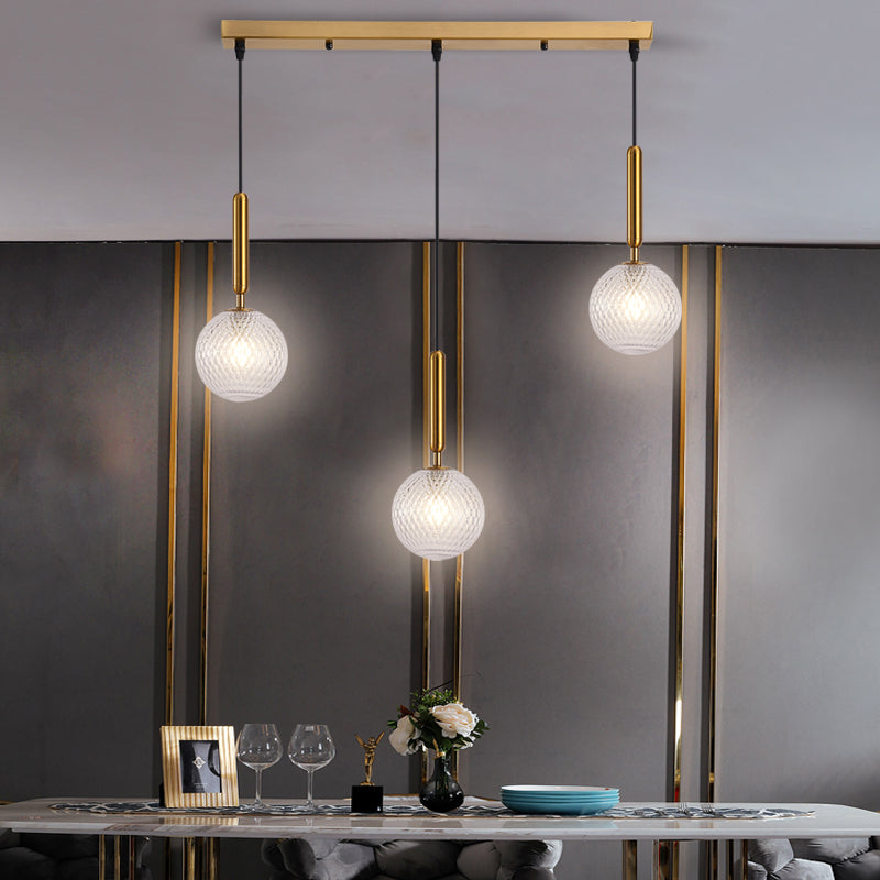 Modern Modo Hanging Light Clear Lattice Glass 3-Head Dining Room Cluster Pendant Lamp in Brass, 6"/8" Wide Clearhalo 'Ceiling Lights' 'Glass shade' 'Glass' 'Modern Pendants' 'Modern' 'Pendant Lights' 'Pendants' Lighting' 520092