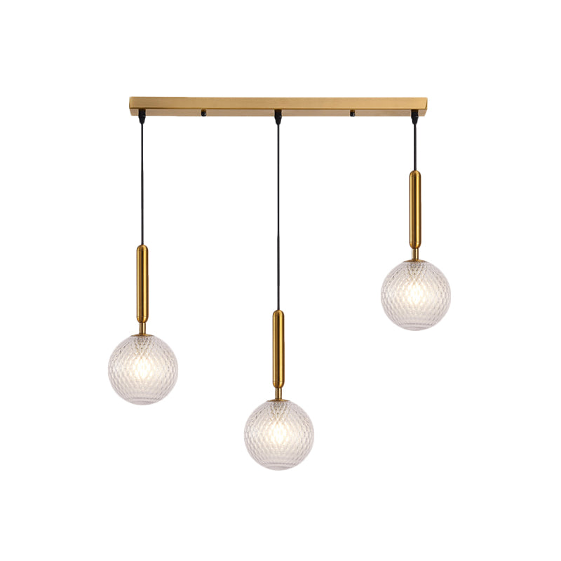Modern Modo Hanging Light Clear Lattice Glass 3-Head Dining Room Cluster Pendant Lamp in Brass, 6"/8" Wide Clearhalo 'Ceiling Lights' 'Glass shade' 'Glass' 'Modern Pendants' 'Modern' 'Pendant Lights' 'Pendants' Lighting' 520093