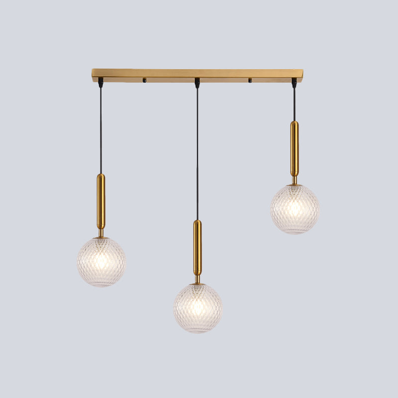 Modern Modo Hanging Light Clear Lattice Glass 3-Head Dining Room Cluster Pendant Lamp in Brass, 6"/8" Wide Clearhalo 'Ceiling Lights' 'Glass shade' 'Glass' 'Modern Pendants' 'Modern' 'Pendant Lights' 'Pendants' Lighting' 520094