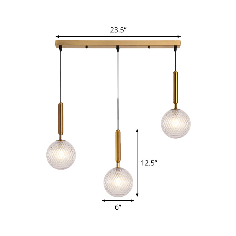 Modern Modo Hanging Light Clear Lattice Glass 3-Head Dining Room Cluster Pendant Lamp in Brass, 6"/8" Wide Clearhalo 'Ceiling Lights' 'Glass shade' 'Glass' 'Modern Pendants' 'Modern' 'Pendant Lights' 'Pendants' Lighting' 520095