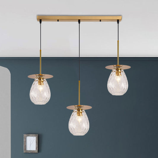 Modern Modo Hanging Light Clear Lattice Glass 3-Head Dining Room Cluster Pendant Lamp in Brass, 6"/8" Wide Brass 8" Clearhalo 'Ceiling Lights' 'Glass shade' 'Glass' 'Modern Pendants' 'Modern' 'Pendant Lights' 'Pendants' Lighting' 520096