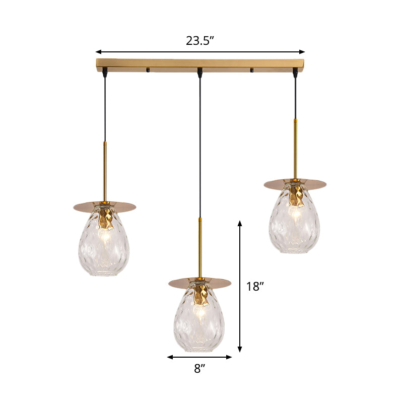 Modern Modo Hanging Light Clear Lattice Glass 3-Head Dining Room Cluster Pendant Lamp in Brass, 6"/8" Wide Clearhalo 'Ceiling Lights' 'Glass shade' 'Glass' 'Modern Pendants' 'Modern' 'Pendant Lights' 'Pendants' Lighting' 520100