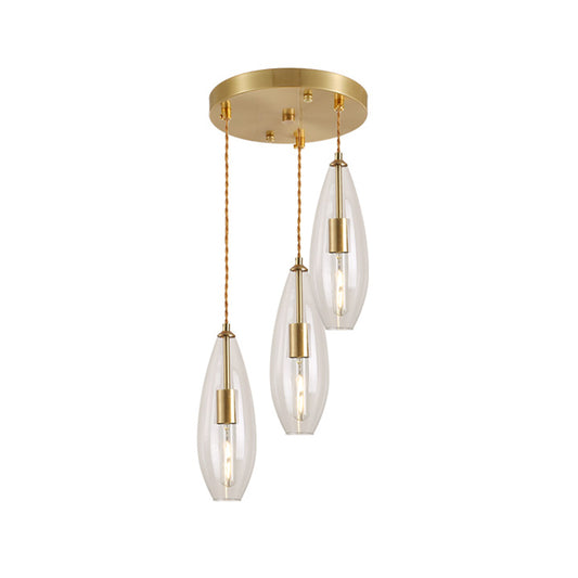 Brass Waterdrop Multi Light Pendant Modernist 3 Bulbs Clear Glass Suspension Lamp with Round Canopy Clearhalo 'Ceiling Lights' 'Chandeliers' 'Glass shade' 'Glass' 'Modern Pendants' 'Modern' 'Pendant Lights' 'Pendants' Lighting' 520103