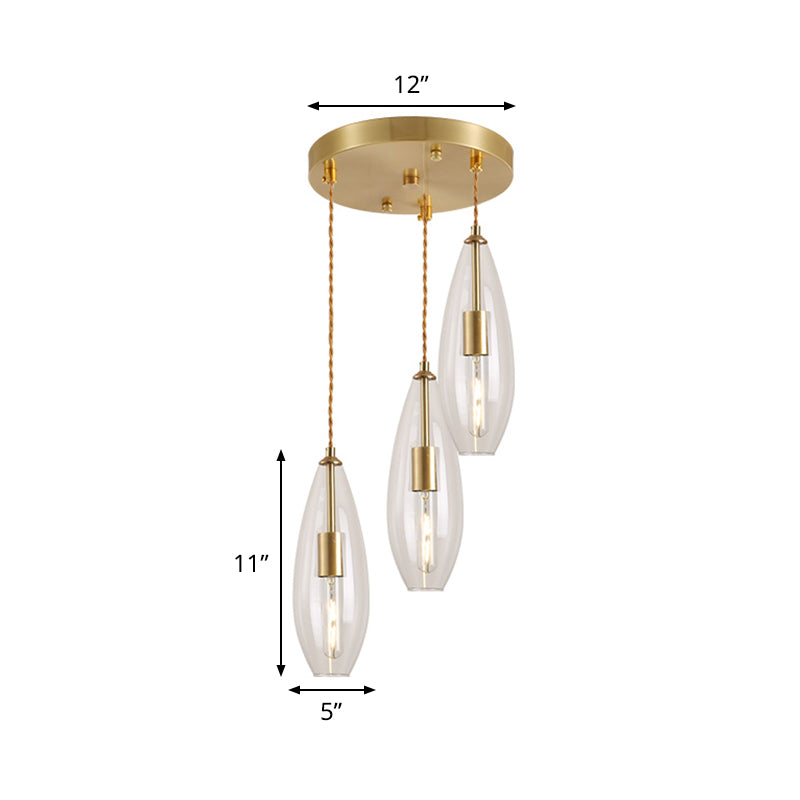 Brass Waterdrop Multi Light Pendant Modernist 3 Bulbs Clear Glass Suspension Lamp with Round Canopy Clearhalo 'Ceiling Lights' 'Chandeliers' 'Glass shade' 'Glass' 'Modern Pendants' 'Modern' 'Pendant Lights' 'Pendants' Lighting' 520105