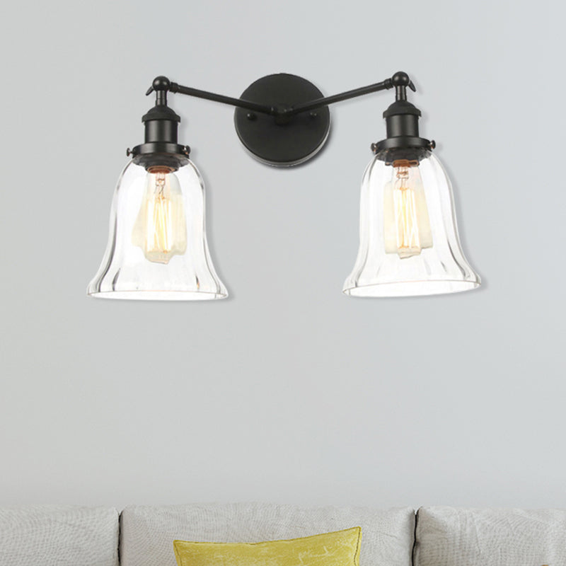 2 Lights Indoor Wall Lighting Industrial Style Black/Chrome/Bronze Sconce with Bell Clear Glass Shade Clearhalo 'Art deco wall lights' 'Cast Iron' 'Glass' 'Industrial wall lights' 'Industrial' 'Middle century wall lights' 'Modern' 'Rustic wall lights' 'Tiffany' 'Traditional wall lights' 'Wall Lamps & Sconces' 'Wall Lights' Lighting' 520123