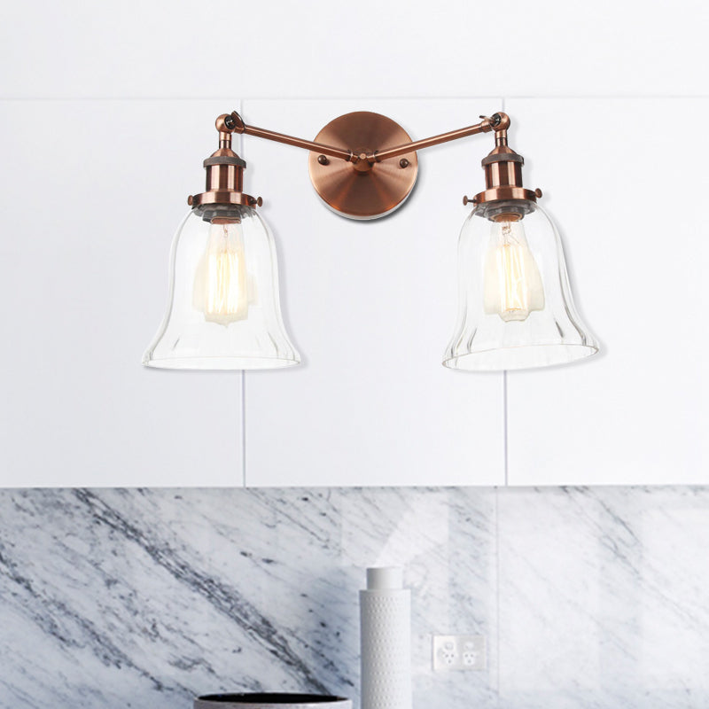 2 Lights Indoor Wall Lighting Industrial Style Black/Chrome/Bronze Sconce with Bell Clear Glass Shade Copper Clearhalo 'Art deco wall lights' 'Cast Iron' 'Glass' 'Industrial wall lights' 'Industrial' 'Middle century wall lights' 'Modern' 'Rustic wall lights' 'Tiffany' 'Traditional wall lights' 'Wall Lamps & Sconces' 'Wall Lights' Lighting' 520126