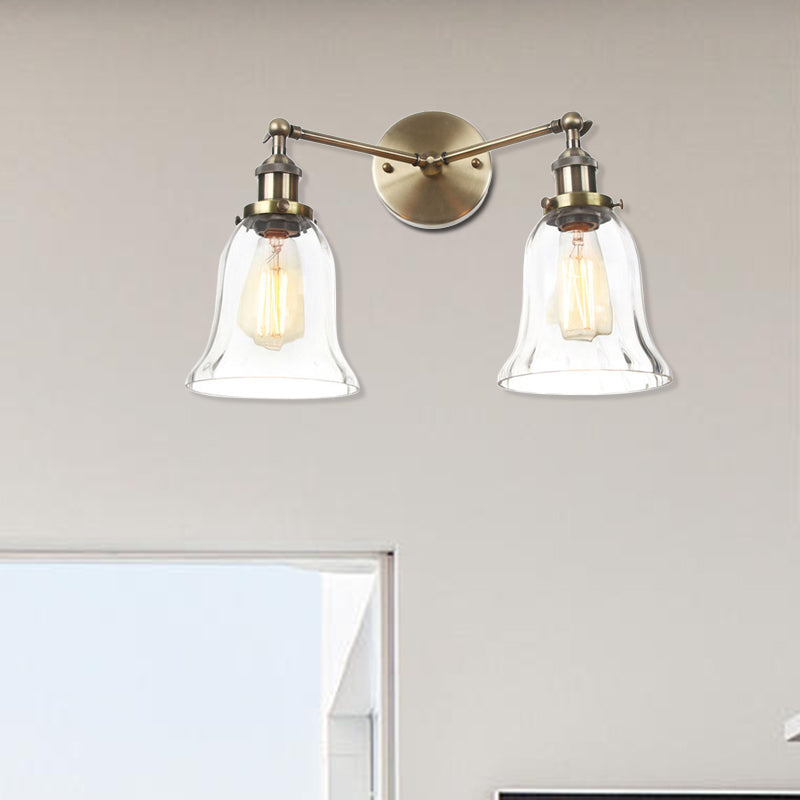 2 Lights Indoor Wall Lighting Industrial Style Black/Chrome/Bronze Sconce with Bell Clear Glass Shade Clearhalo 'Art deco wall lights' 'Cast Iron' 'Glass' 'Industrial wall lights' 'Industrial' 'Middle century wall lights' 'Modern' 'Rustic wall lights' 'Tiffany' 'Traditional wall lights' 'Wall Lamps & Sconces' 'Wall Lights' Lighting' 520131