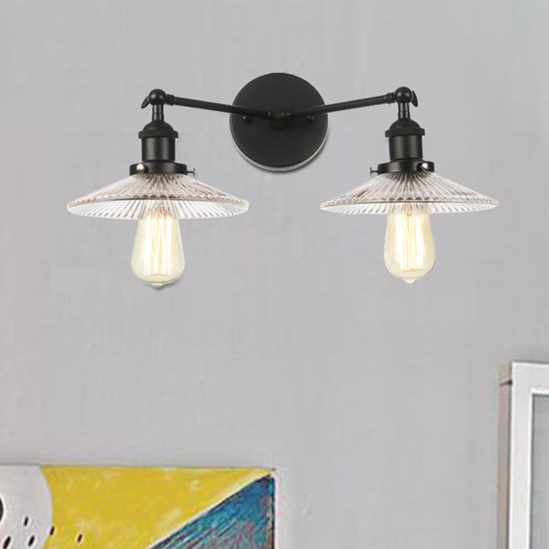 Saucer Clear Ribbed Glass Wall Sconce Light Warehouse 2 Lights Indoor Lighting Fixture in Bronze/Brass/Chrome Clearhalo 'Art deco wall lights' 'Cast Iron' 'Glass' 'Industrial wall lights' 'Industrial' 'Middle century wall lights' 'Modern' 'Rustic wall lights' 'Tiffany' 'Traditional wall lights' 'Wall Lamps & Sconces' 'Wall Lights' Lighting' 520143